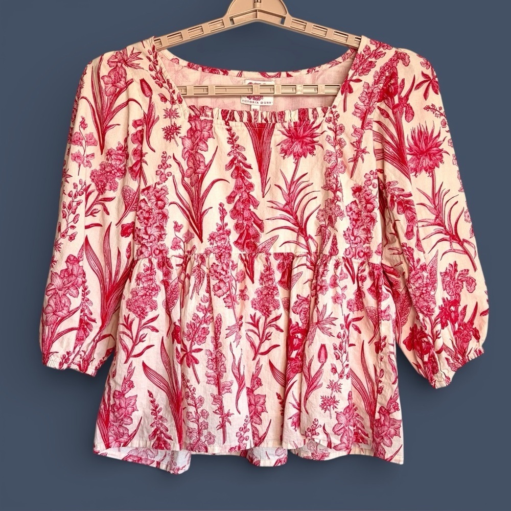 Victoria Dunn Floral Print Blouse XS Gathered Waist Square Neck Prairie EUC